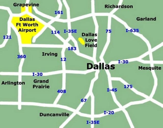 Mapa lotnisk Dallas