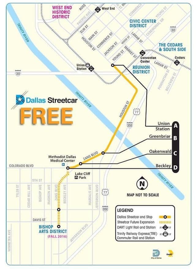 Mapa przystanków tramwajowych Dallas